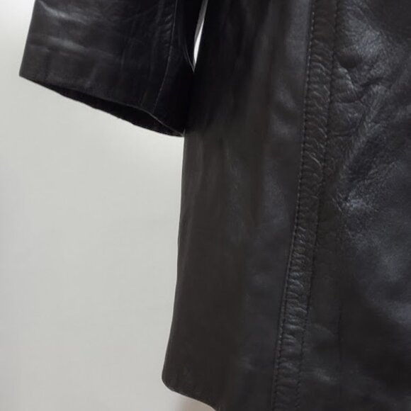 COLEBROOK BLACK ALL LEATHER TRENCHCOAT SNAPS FAUX BUTTON LINED FAUX BELT SIZE XL - Picture 4 of 16